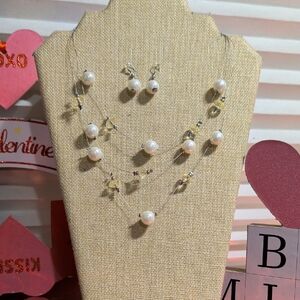 floating faux pearl and yellow faux crystal Triple Strand Necklace And Earrings